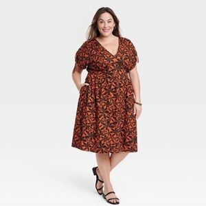 NEW Ava & Viv Women's Dolman Short Sleeve Midi Dress • Rust Floral